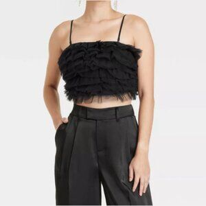 A New Day Black Tulle Ruffle Crop Top Sheer Babydoll Cami Balletcore Size L